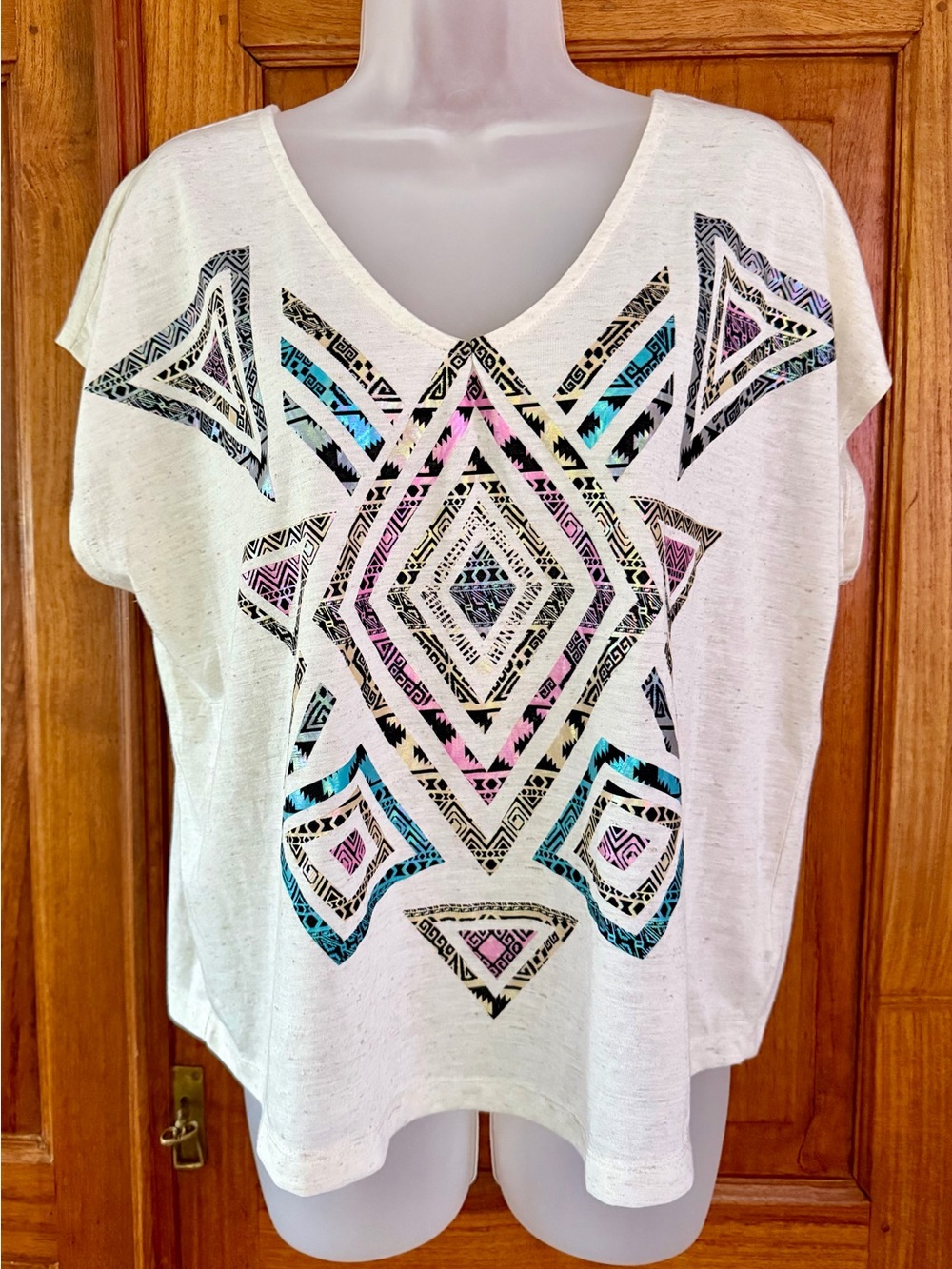 Cream V-Neck Short Sleeve Top with Multicolor Aztec Print